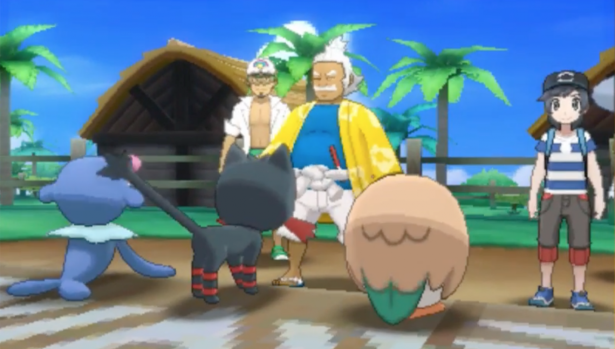 Choosing your first Pokemon in Pokemon Sun & Moon on 3DS.