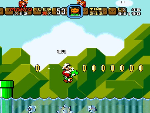 Mario riding Yoshi in Super Mario World.
