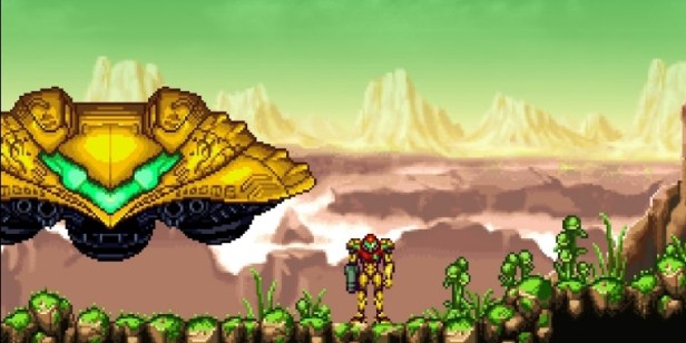 Samus standing next to her ship.
