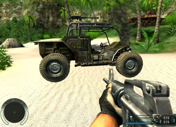 A combat vehicle on a beach in Far Cry.