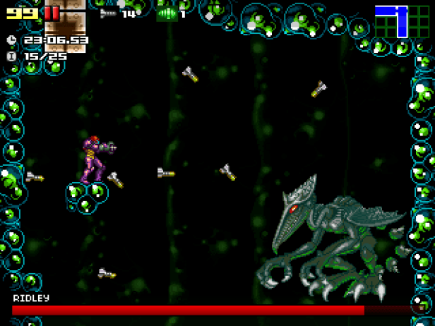 Samus shooting missiles at Ridley.