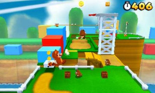 Raccoon Mario jumping on a field with Goombas.