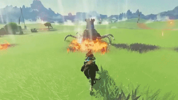 Link shooting an arrow at a Guardian.