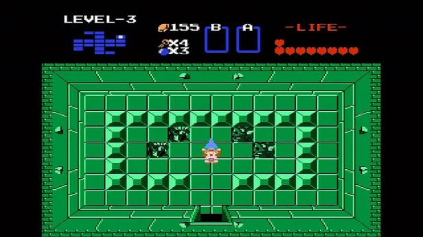 Link holding up the Triforce in The Legend of Zelda for the NES.