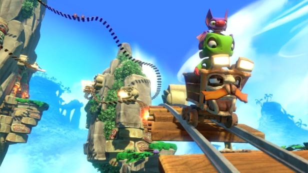 Yooka-Laylee riding in a minecart