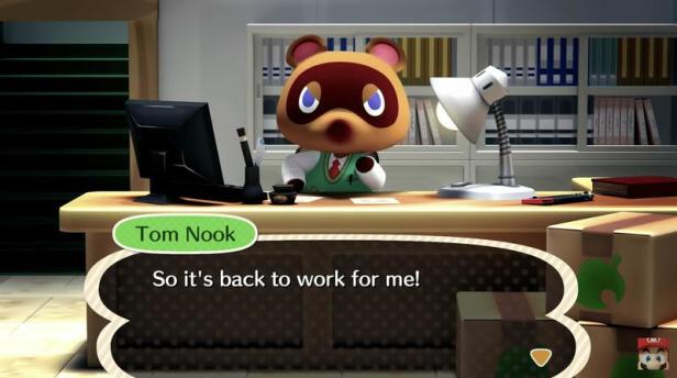 Tom Nook sitting at his desk.