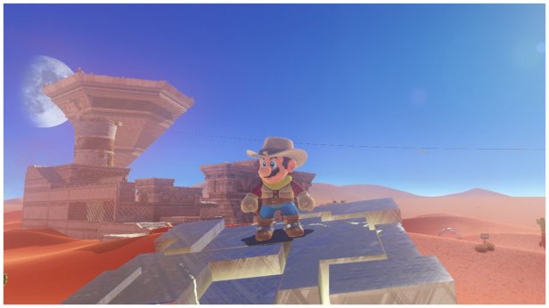 Cowboy Mario in the Tostarena Town Ruins in Super Mario Odyssey.